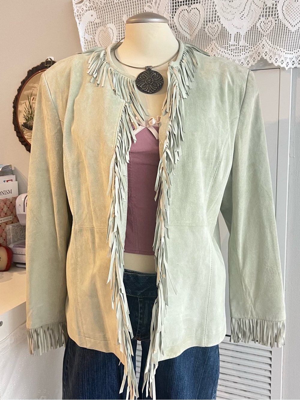 Guillaume vintage 90s sage green 100% suede leather fringe jacket